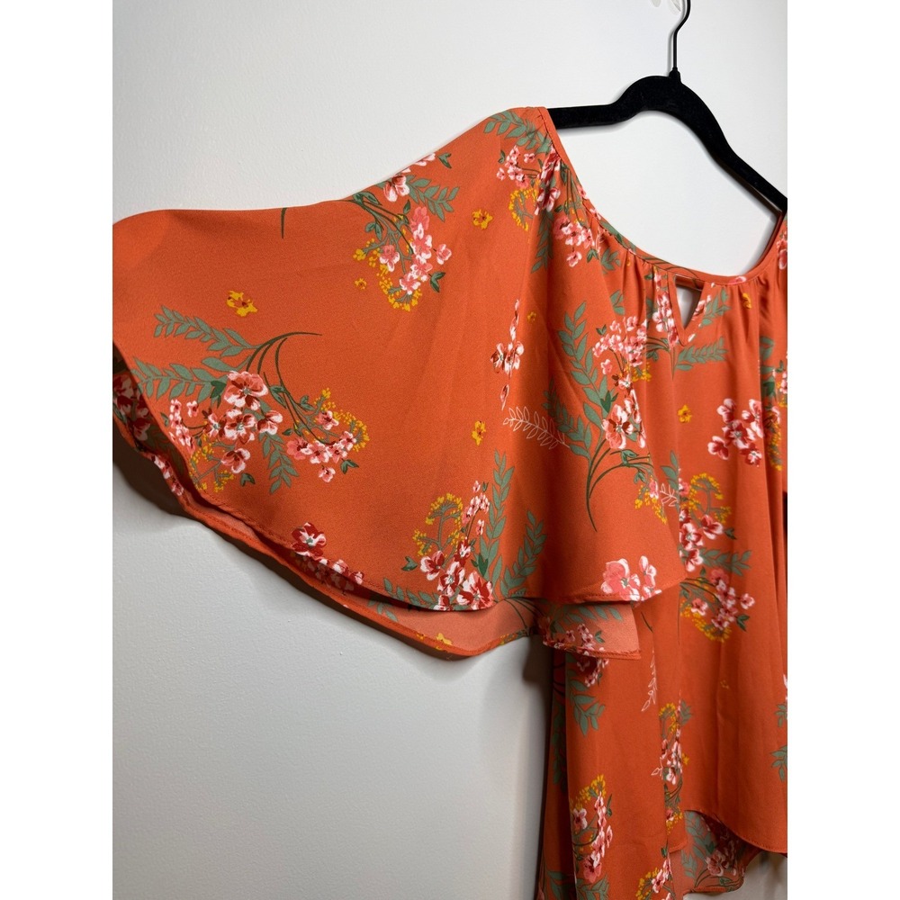 Copper Key Orange Floral Tiered Flutter Sleeve Blouse Top Feminine Womens Medium - Picture 6 of 10